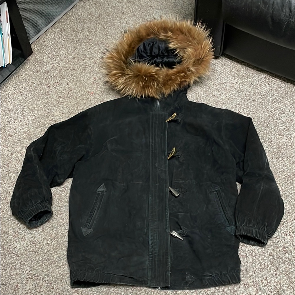Vintage 90s suede real fur hooded Jacket